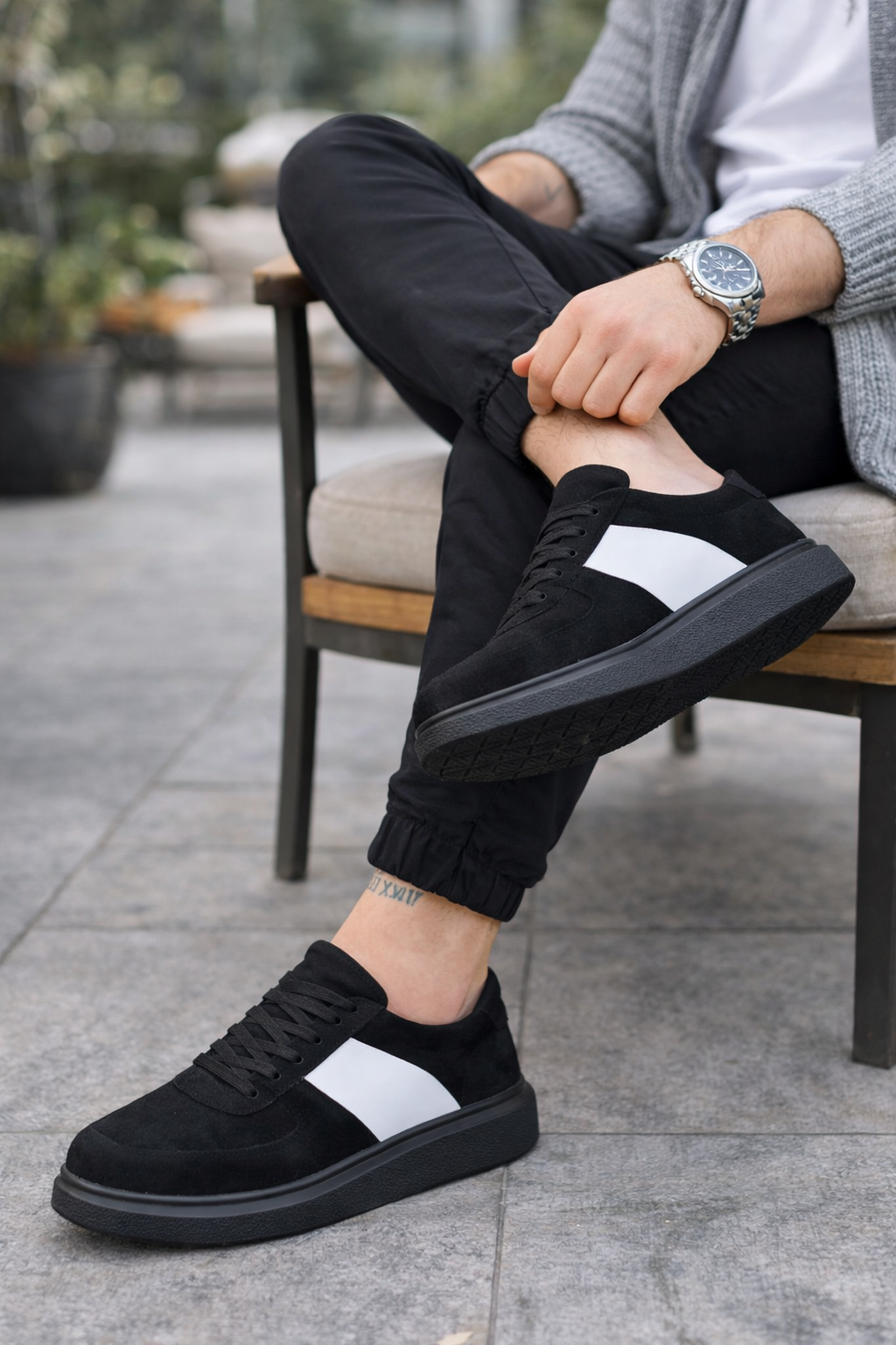 JY011 Line Erkek Günlük Bağcıklı Süet Spor Sneaker Ayakkabı Siyah Beyaz