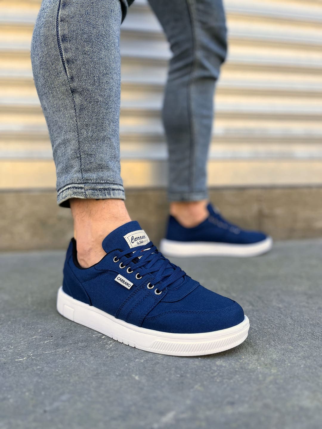 JY0118 REX Bağcıklı Keten Kumaş Erkek Günlük Sneaker Ayakkabı KBT - Lacivert - 40