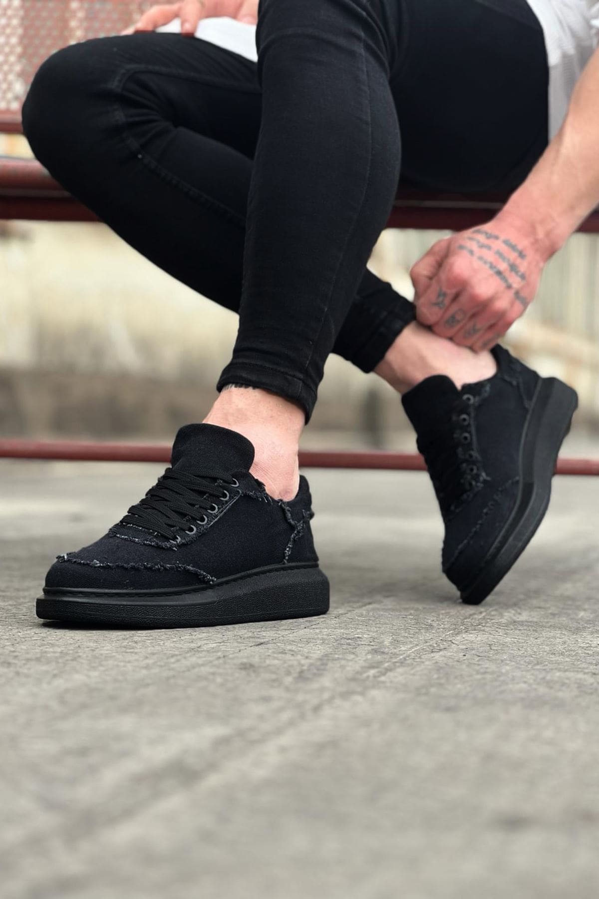 Joy Man JY018 Dexo Erkek Günlük Bağcıklı Kot Kumaş Sneaker Ayakkabı Siyah