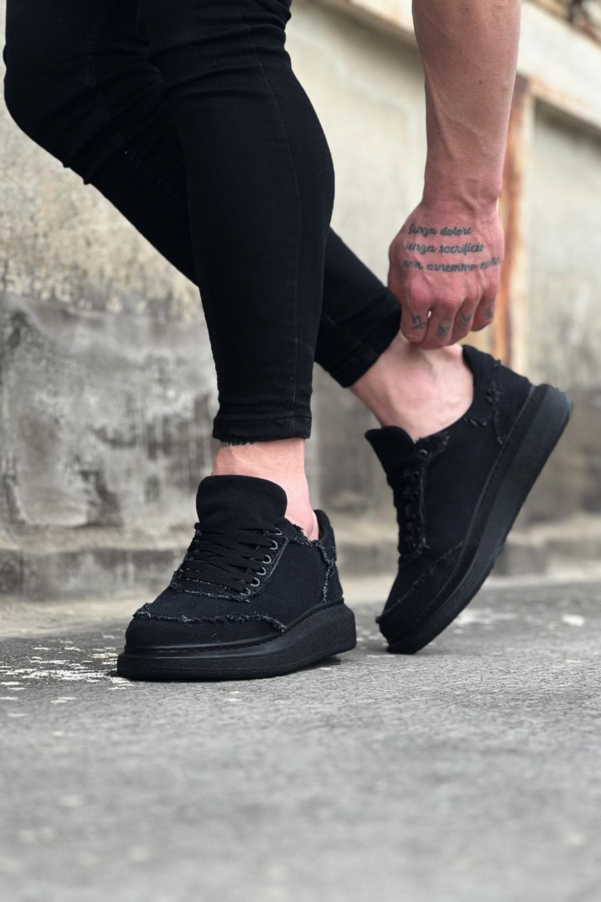 Joy Man JY018 Dexo Erkek Günlük Bağcıklı Kot Kumaş Sneaker Ayakkabı Siyah