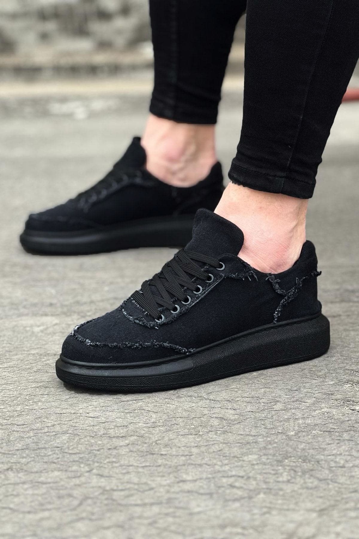 Joy Man JY018 Dexo Erkek Günlük Bağcıklı Kot Kumaş Sneaker Ayakkabı Siyah
