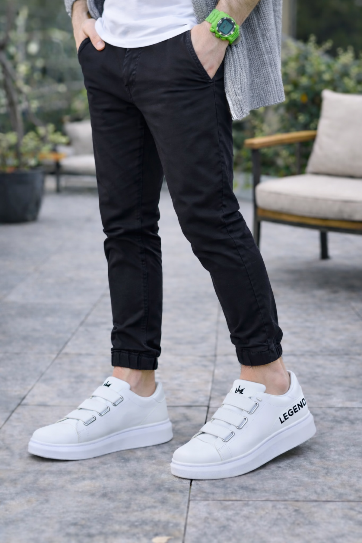 JY029 Mono Bağcıksız 3 Bantlı Lastikli Legend Cilt Erkek Günlük Sneaker Ayakkabı Beyaz