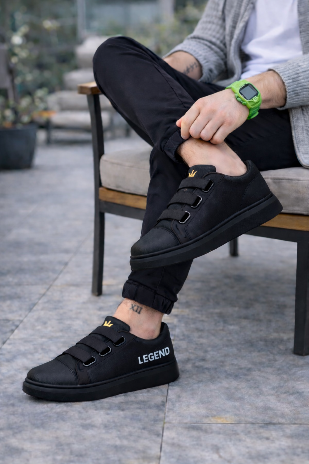 Joy Man JY029 Mono Bağcıksız 3 Bant Lastikli Cilt Erkek Sneaker Siyah
