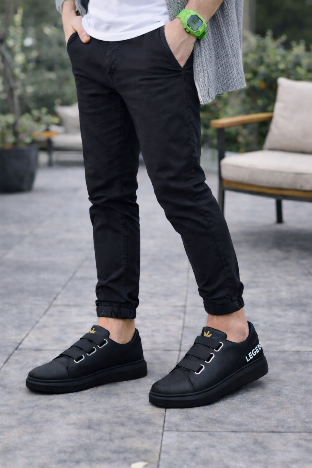 Joy Man JY029 Mono Bağcıksız 3 Bant Lastikli Cilt Erkek Sneaker Siyah