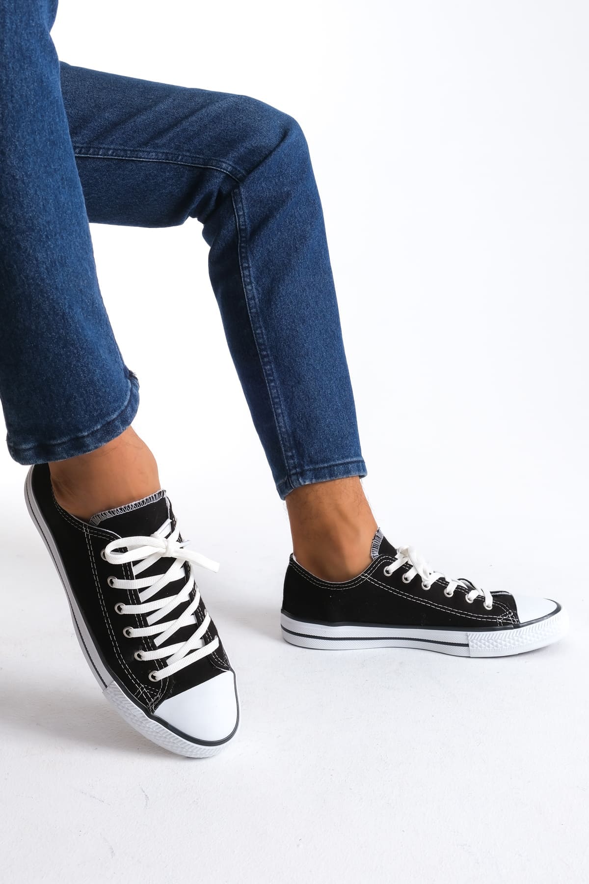 JY0422 Luke Bağcıklı Keten Kumaş Erkek Günlük Sneaker Ayakkabı KBT - Siyah Resim 2