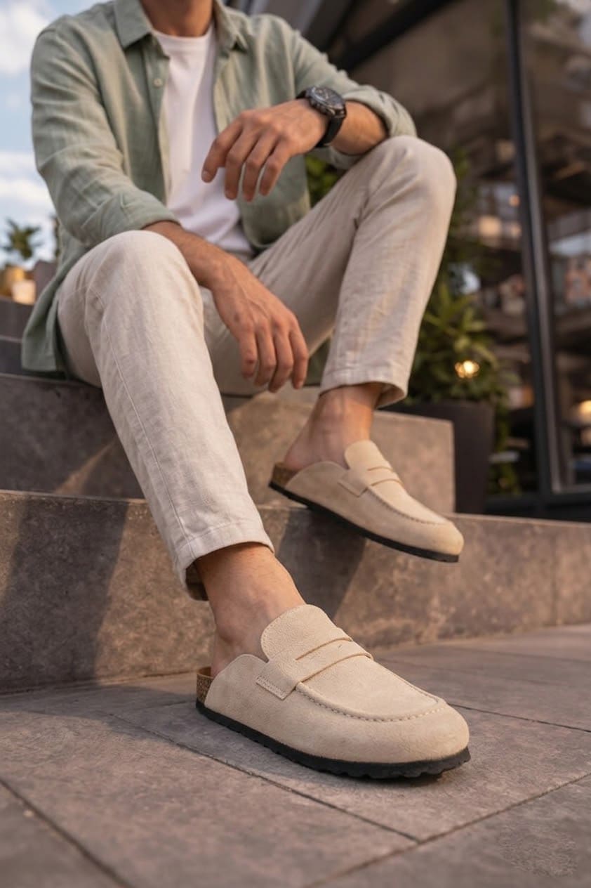 JY0456 Rayn Bağcıksız Hakiki Süet Deri Erkek Günlük Mantar Taban Loafer Klasik Ayakkabı HDMT - Krem - 44