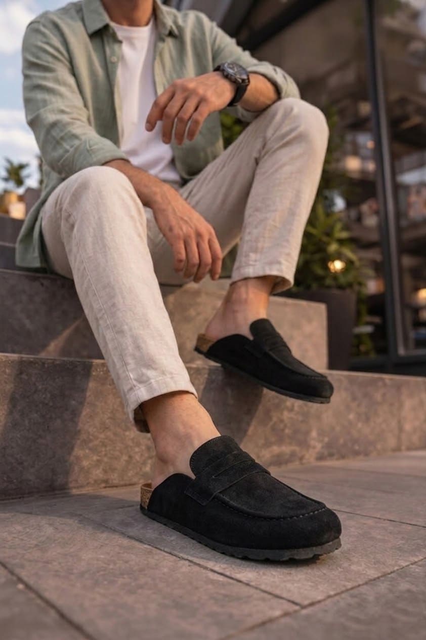 JY0456 Rayn Bağcıksız Hakiki Süet Deri Erkek Günlük Mantar Taban Loafer Klasik Ayakkabı HDMT - Siyah - 36