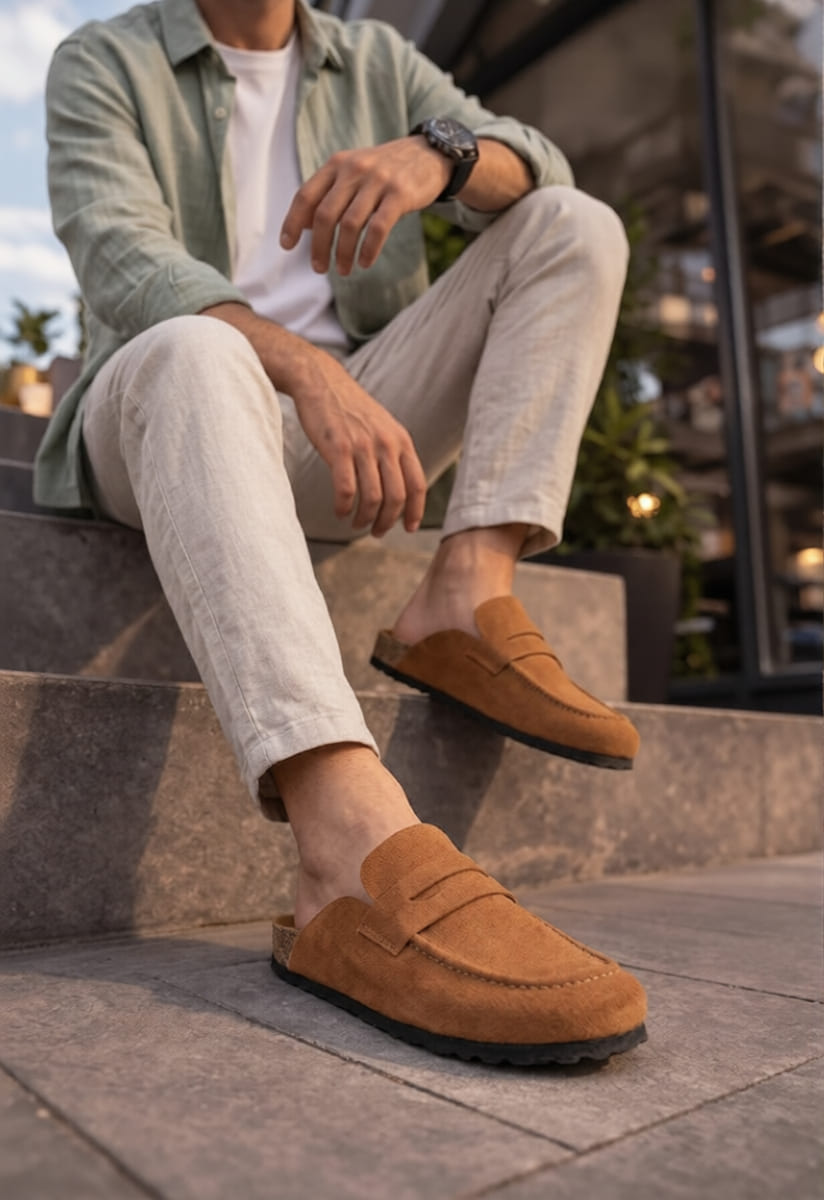 JY0456 Rayn Bağcıksız Hakiki Süet Deri Erkek Günlük Mantar Taban Loafer Klasik Ayakkabı HDMT - Taba - 38