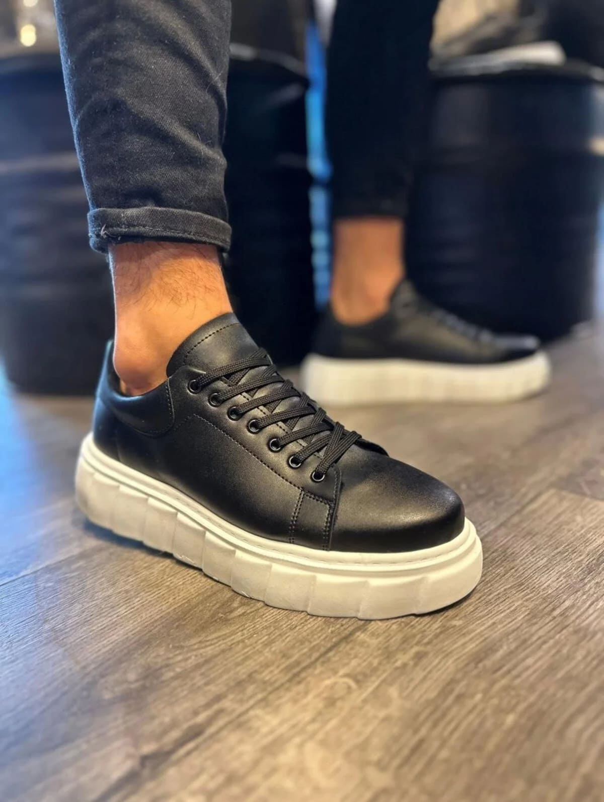 Joy Ayakkabı JY144 Volt Erkek Bağcıklı Cilt Günlük Sneaker Yüksek Taban Siyah