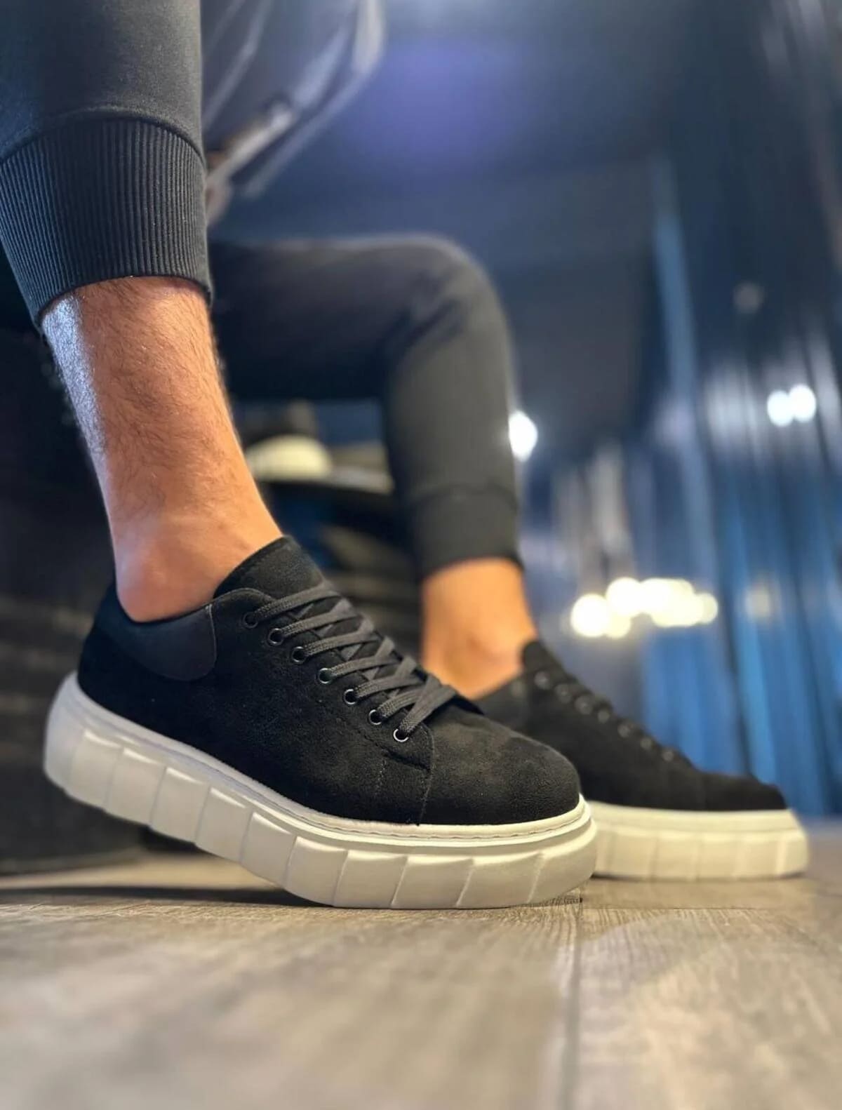 JY144 Volt Bağcıklı Süet Erkek Günlük Sneaker Yüksek Taban Ayakkabı Siyah