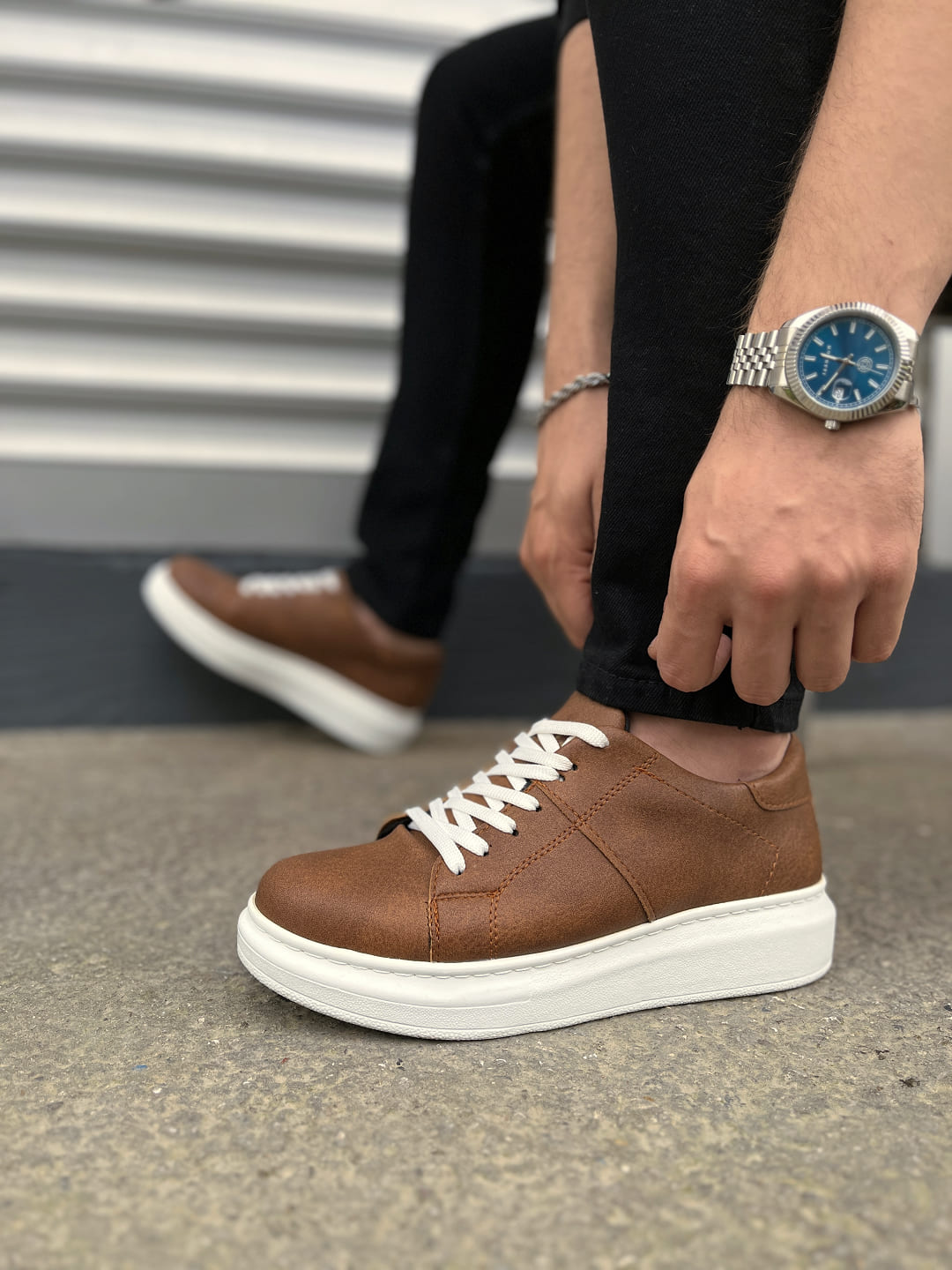 JY151 Boost Bağcıklı Cilt Erkek Günlük Sneaker Ayakkabı CBT - Taba - 40 Resim 3