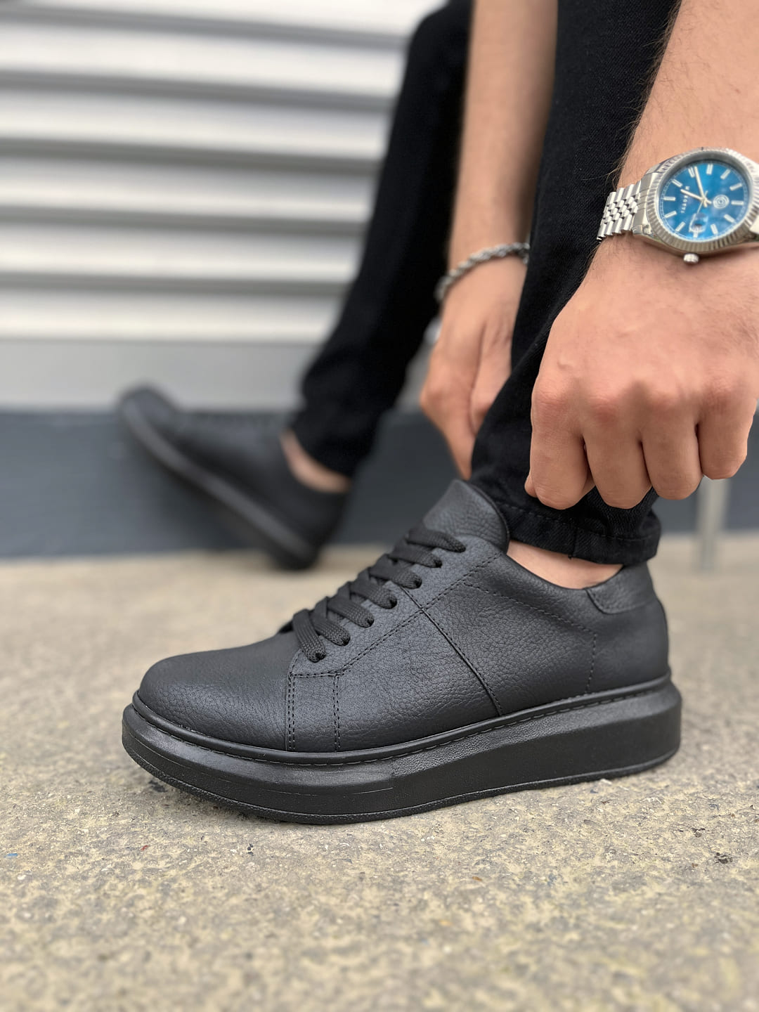 JY151 Boost Bağcıklı Cilt Erkek Günlük Sneaker Ayakkabı CST - Siyah - 43 Resim 3