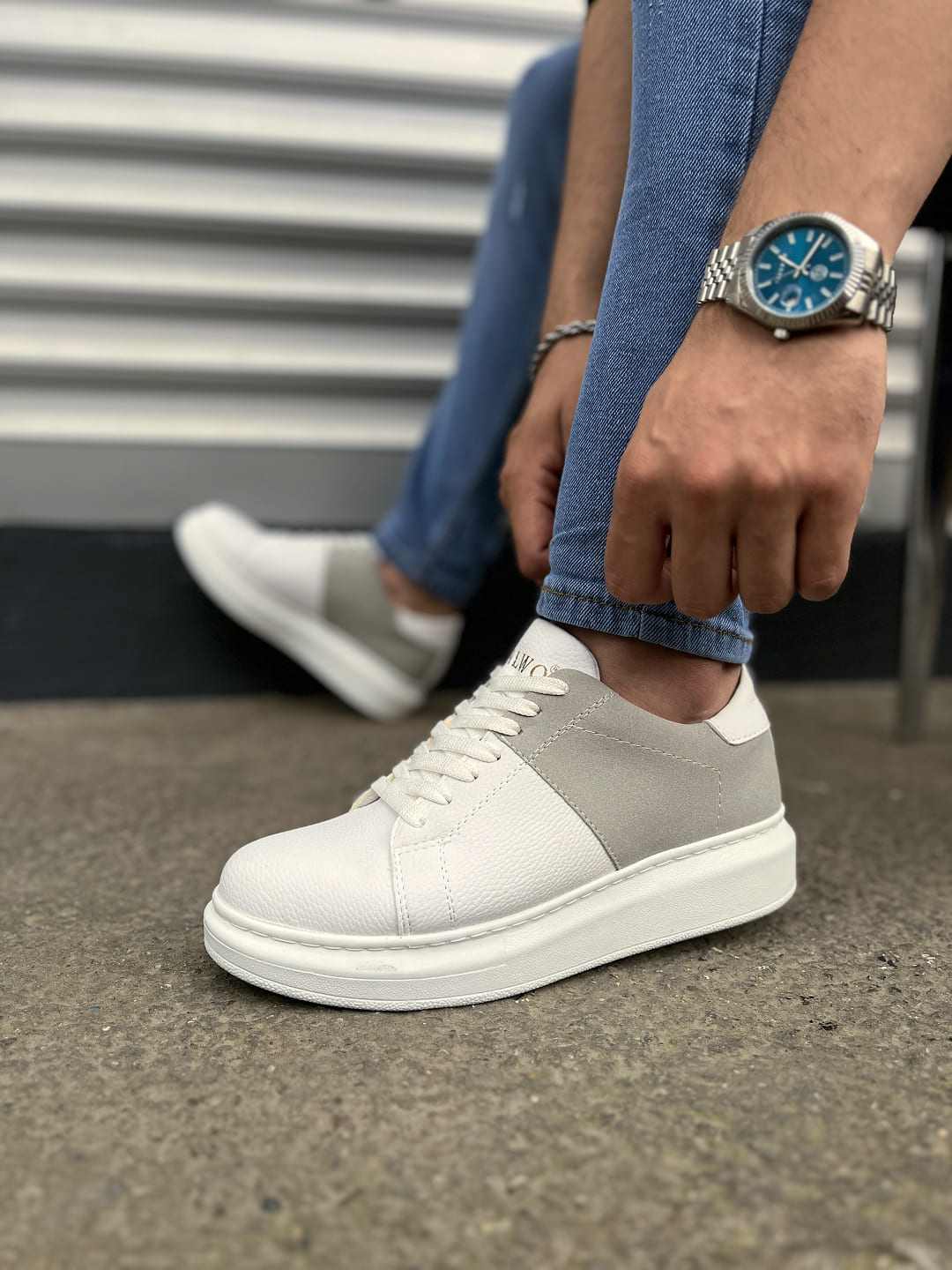 JY151 Boost Bağcıklı Cilt Süet Erkek Günlük Sneaker Ayakkabı CSBT - Beyaz/Gri - 44 Resim 3