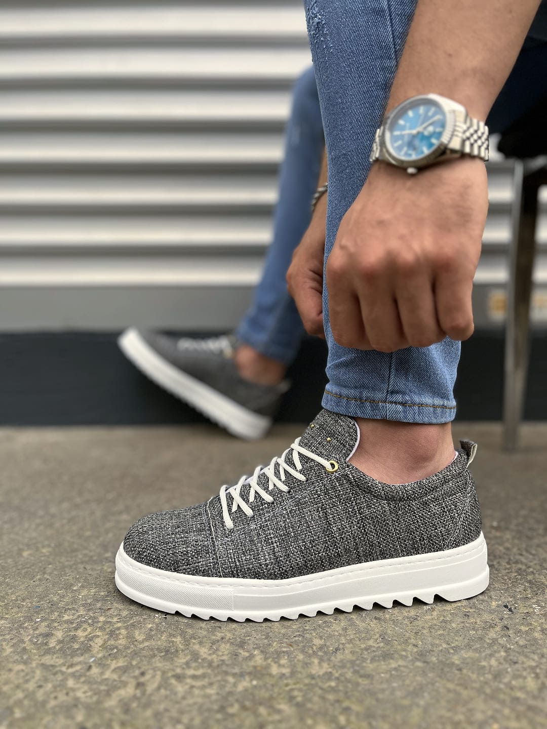 JY152 Cool Bağcıklı Keten Erkek Günlük Spor Klasik Ayakkabı KBT - Gri - 40 Resim 3