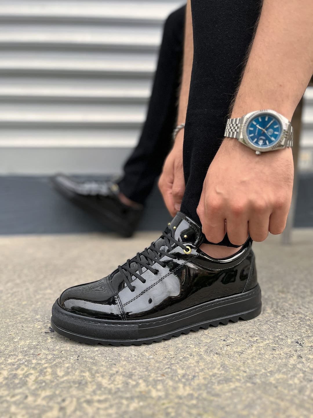 JY152 Cool Bağcıklı Rugan Erkek Günlük Spor Klasik Ayakkabı RST - Siyah - 44 Resim 3