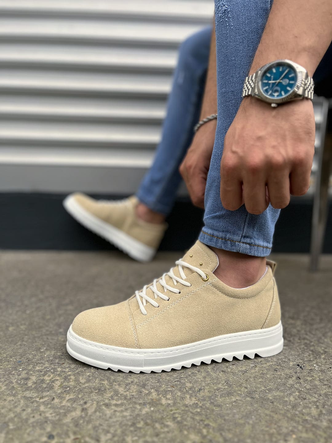 JY152 Cool Bağcıklı Süet Erkek Günlük Spor Klasik Ayakkabı SBT - Krem - 44 Resim 3