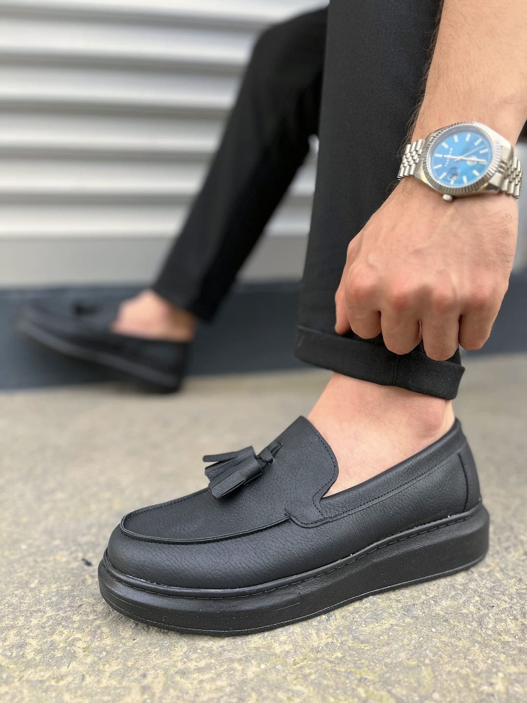 JY154 Blaze Bağcıksız Püsküllü Cilt Erkek Günlük Spor Klasik Ayakkabı CST - Siyah - 44 Resim 3