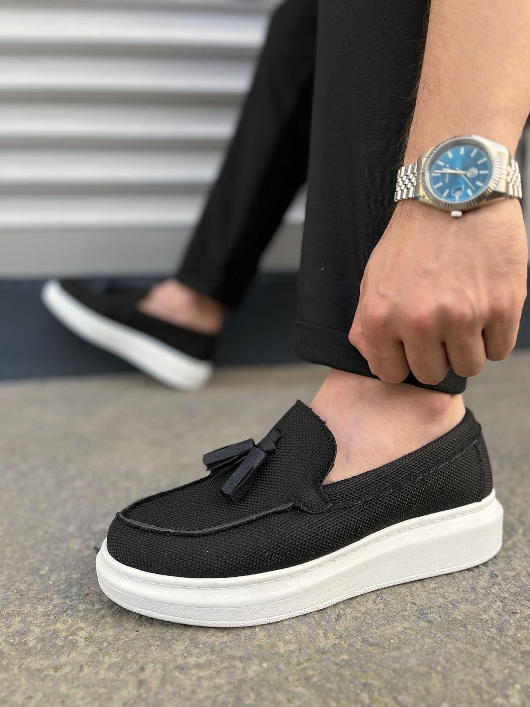 JY154 Blaze Bağcıksız Püsküllü Keten Erkek Günlük Spor Klasik Ayakkabı KBT - Siyah - 42 Resim 3