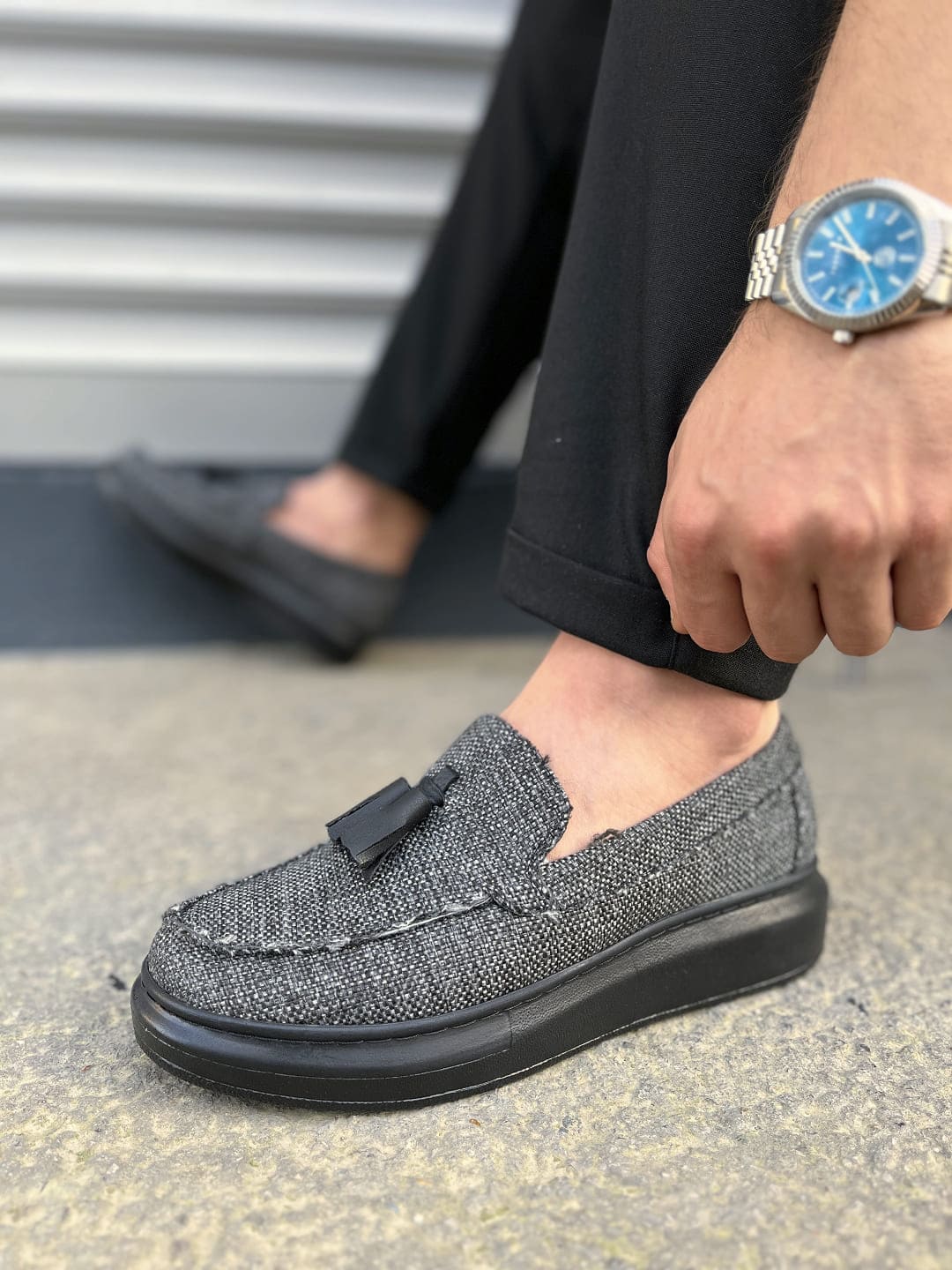 JY154 Blaze Bağcıksız Püsküllü Keten Erkek Günlük Spor Klasik Ayakkabı KST - Gri - 44 Resim 3