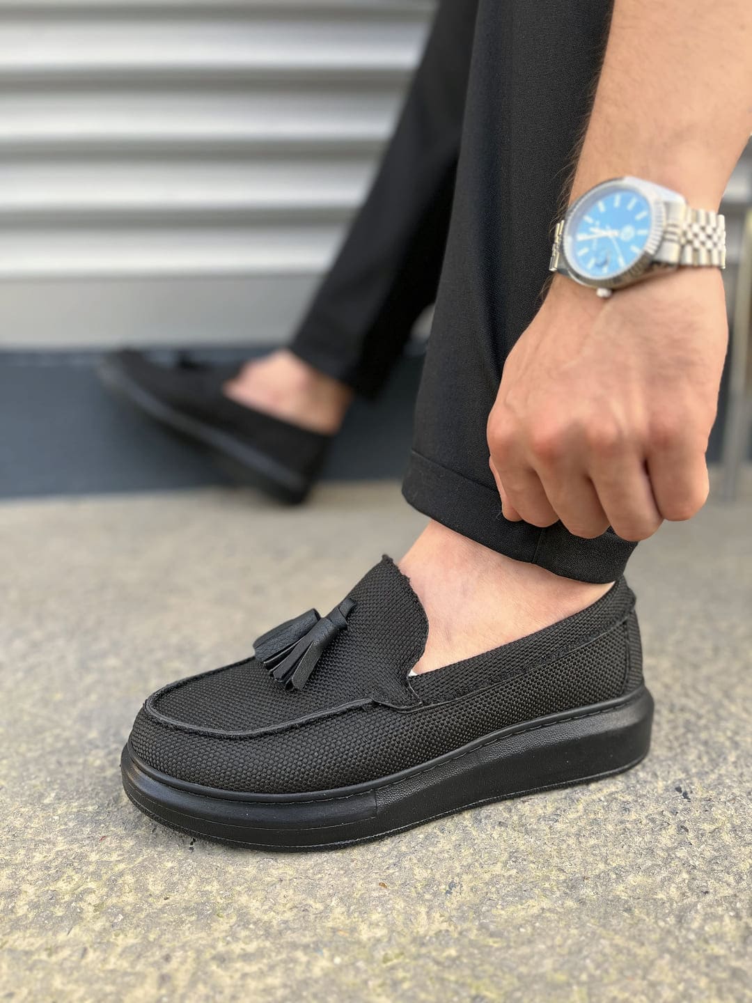 JY154 Blaze Bağcıksız Püsküllü Keten Erkek Günlük Spor Klasik Ayakkabı KST - Siyah - 44 Resim 3