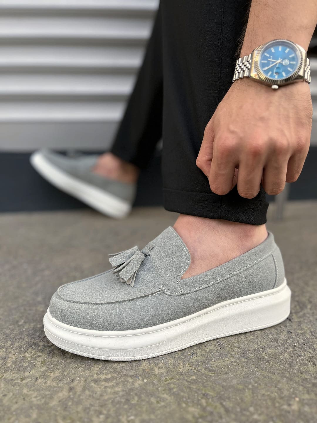 JY154 Blaze Bağcıksız Püsküllü Süet Erkek Günlük Spor Klasik Ayakkabı SBT - Gri - 40 Resim 3