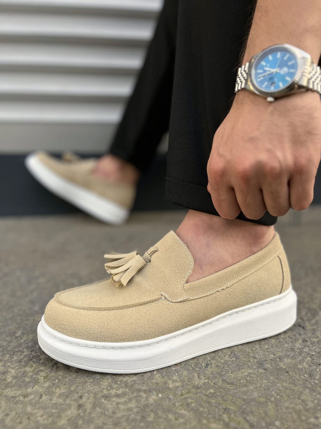 JY154 Blaze Bağcıksız Püsküllü Süet Erkek Günlük Spor Klasik Ayakkabı SBT - Krem - 41 Resim 3