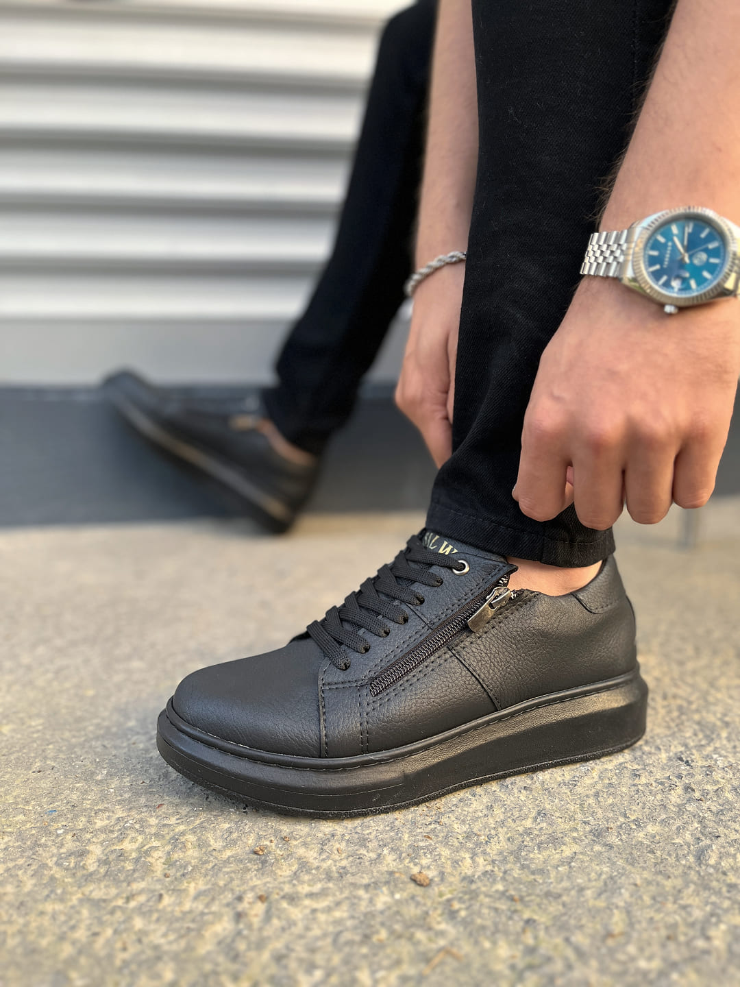 JY155 Warrior Bağcıklı ve Fermuarlı Cilt Erkek Günlük Sneaker Ayakkabı CST - Siyah - 42 Resim 3