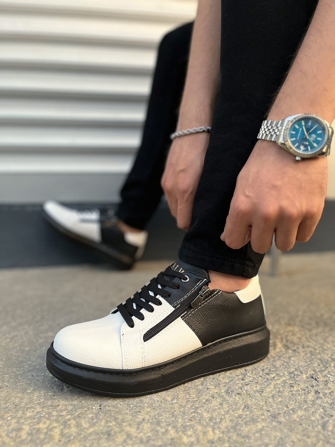 JY155 Warrior Bağcıklı ve Fermuarlı Cilt Erkek Günlük Sneaker Ayakkabı CST - Siyah/Beyaz - 41 Resim 3