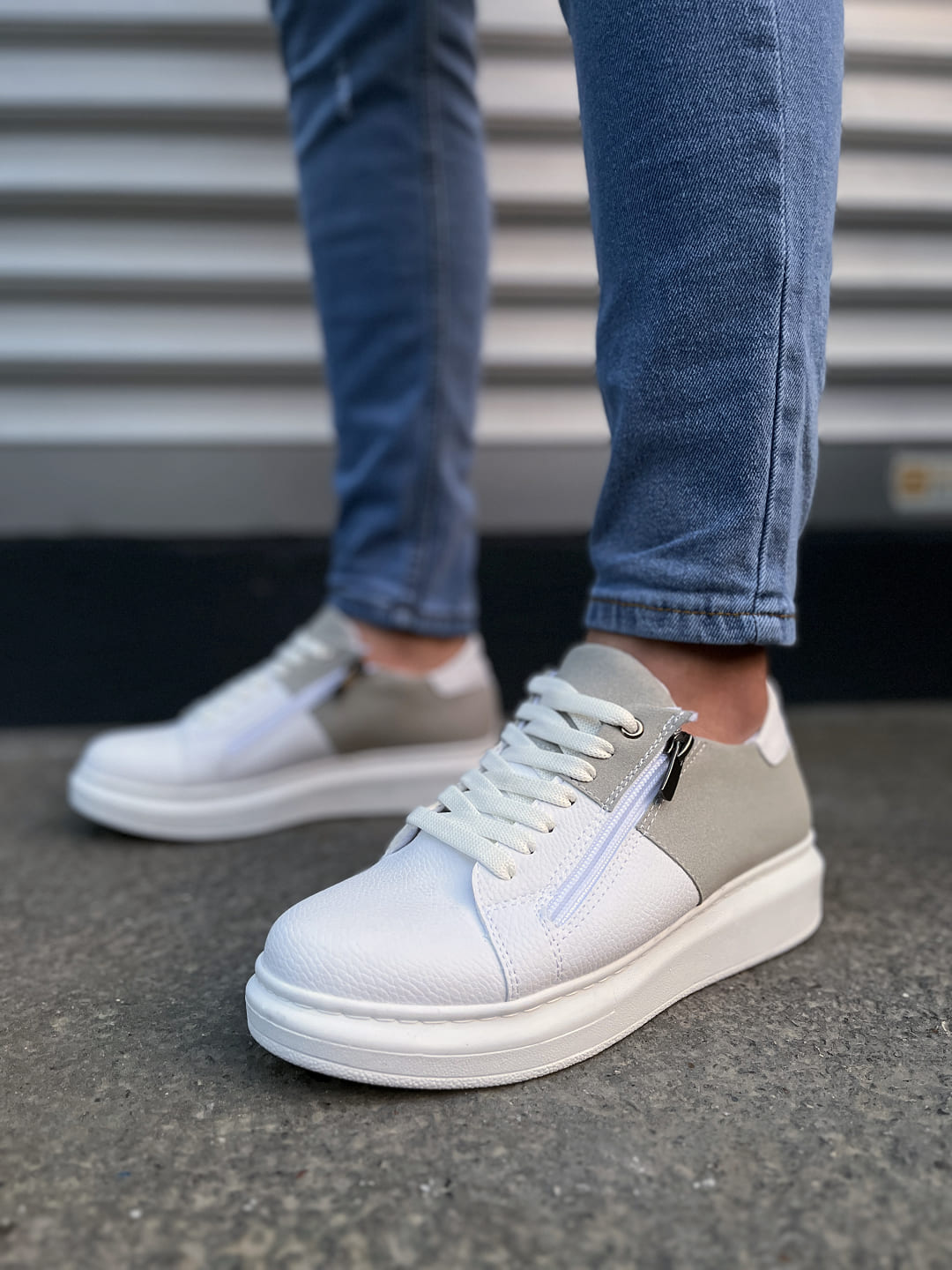 JY155 Warrior Bağcıklı ve Fermuarlı Cilt Süet Erkek Günlük Sneaker Ayakkabı CSBT - Beyaz/Gri - 41 Resim 2