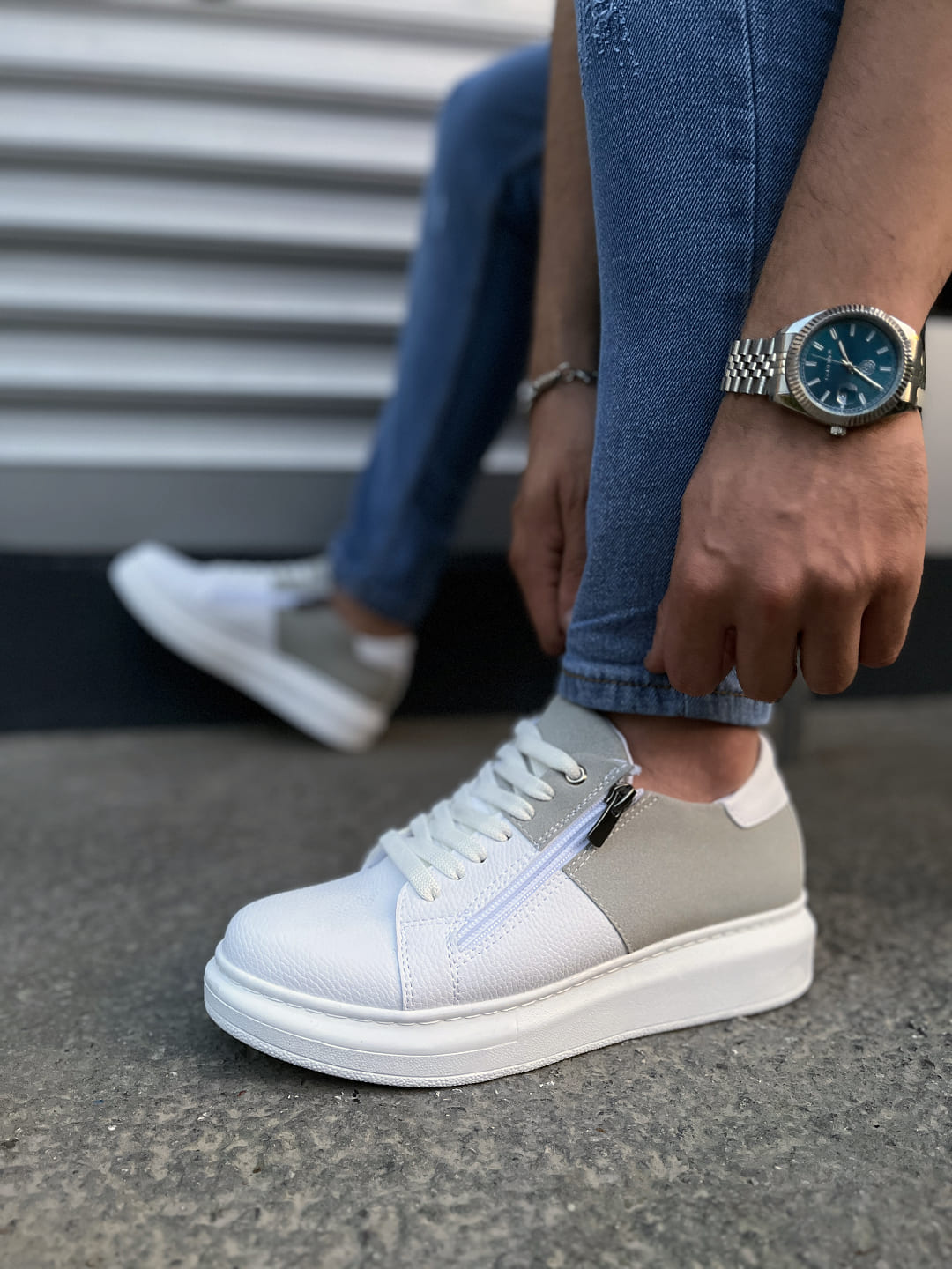 JY155 Warrior Bağcıklı ve Fermuarlı Cilt Süet Erkek Günlük Sneaker Ayakkabı CSBT - Beyaz/Gri - 41 Resim 3