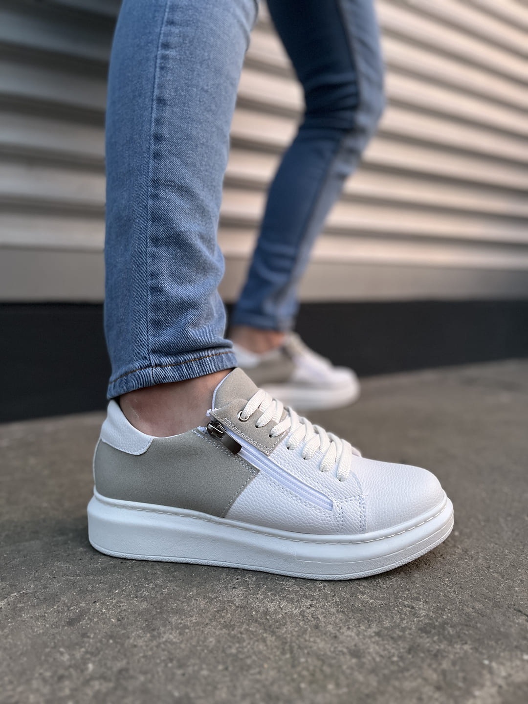 JY155 Warrior Bağcıklı ve Fermuarlı Cilt Süet Erkek Günlük Sneaker Ayakkabı CSBT - Beyaz/Gri - 42