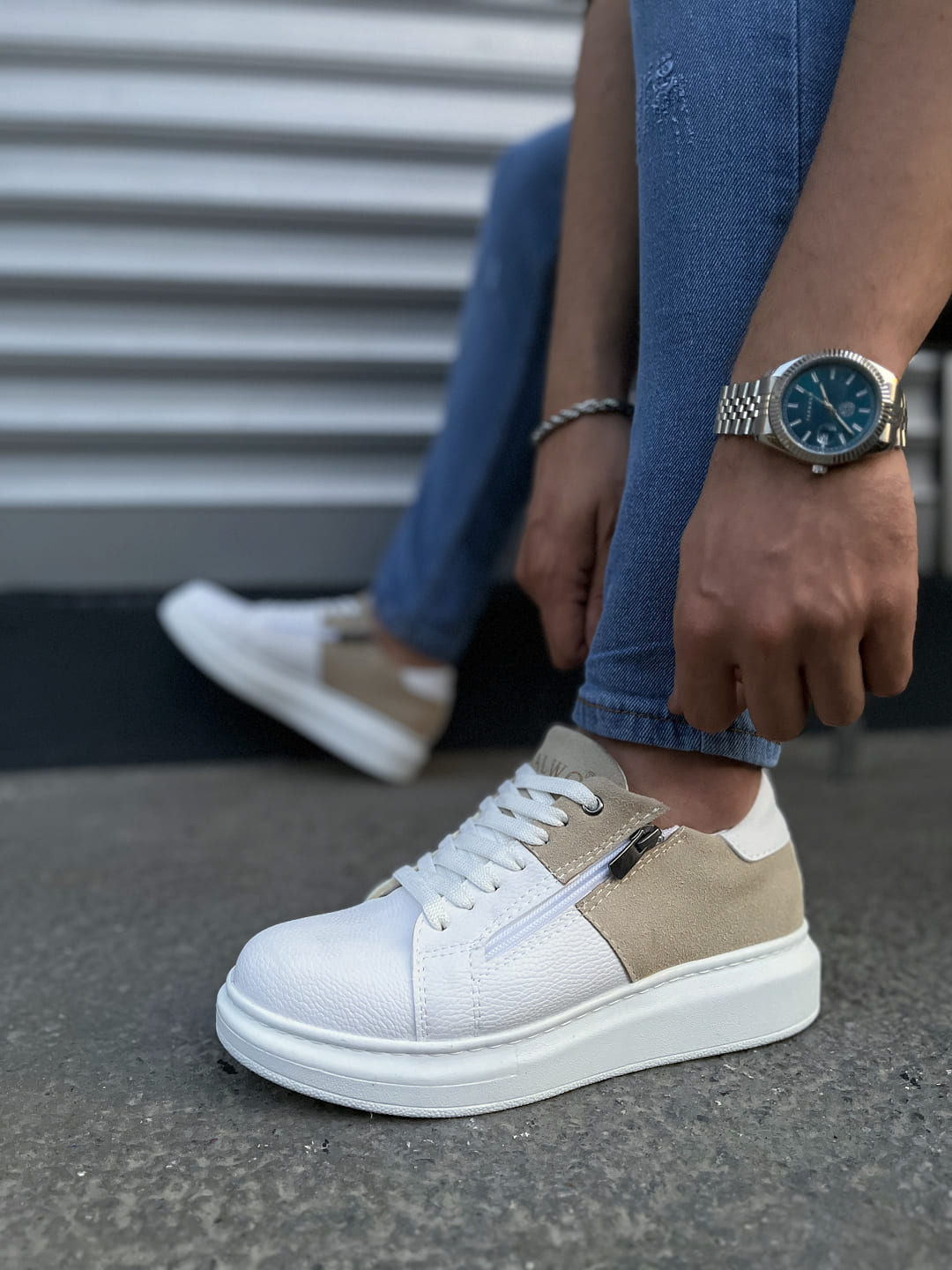 Joy Man JY155 Warrior Bağcıklı Fermuarlı Erkek Sneaker Beyaz Krem