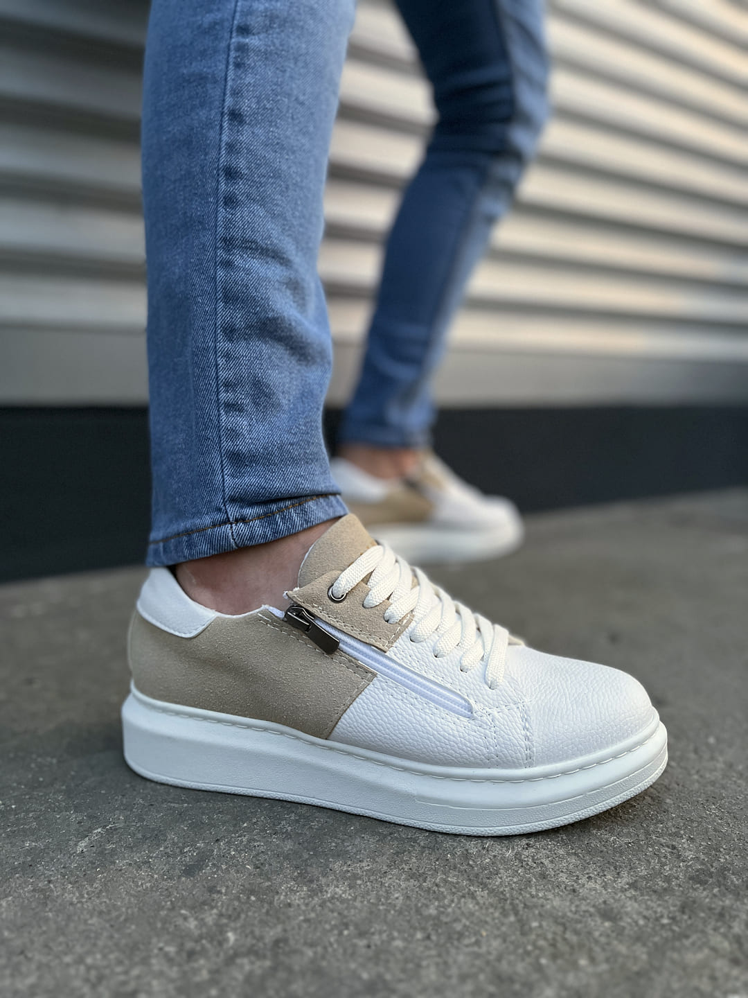 JY155 Warrior Bağcıklı ve Fermuarlı Cilt Süet Erkek Günlük Sneaker Ayakkabı CSBT - Beyaz/Krem - 42