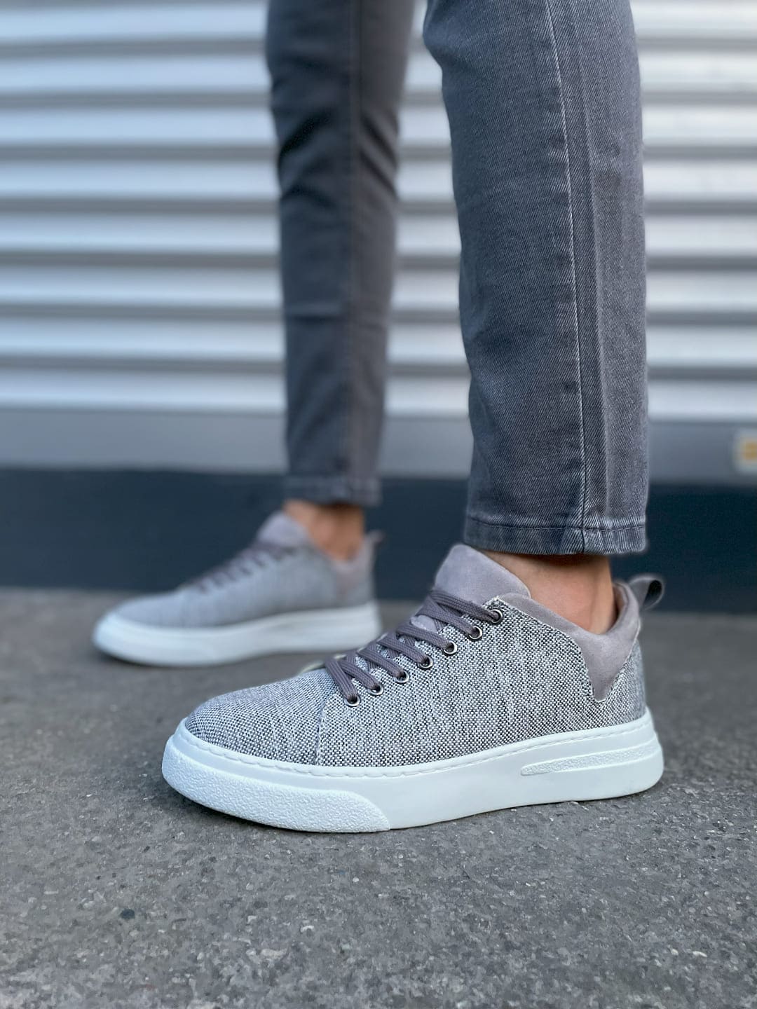 JY204 Flex Bağcıklı Keten Kumaş Erkek Günlük Sneaker Ayakkabı KBT - Gri - 41 Resim 2