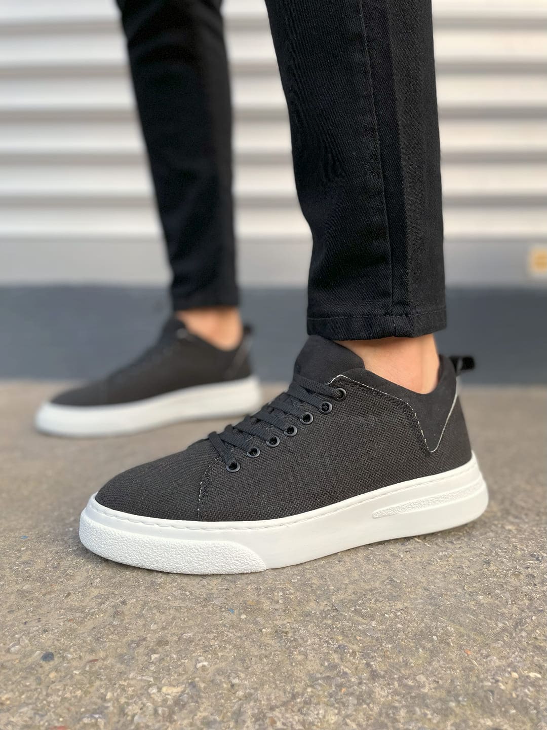 JY204 Flex Bağcıklı Keten Kumaş Erkek Günlük Sneaker Ayakkabı KBT - Siyah - 44 Resim 2