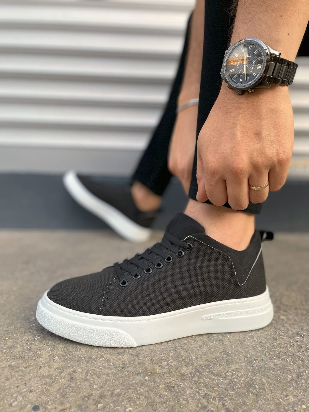 JY204 Flex Bağcıklı Keten Kumaş Erkek Günlük Sneaker Ayakkabı KBT - Siyah - 44 Resim 3