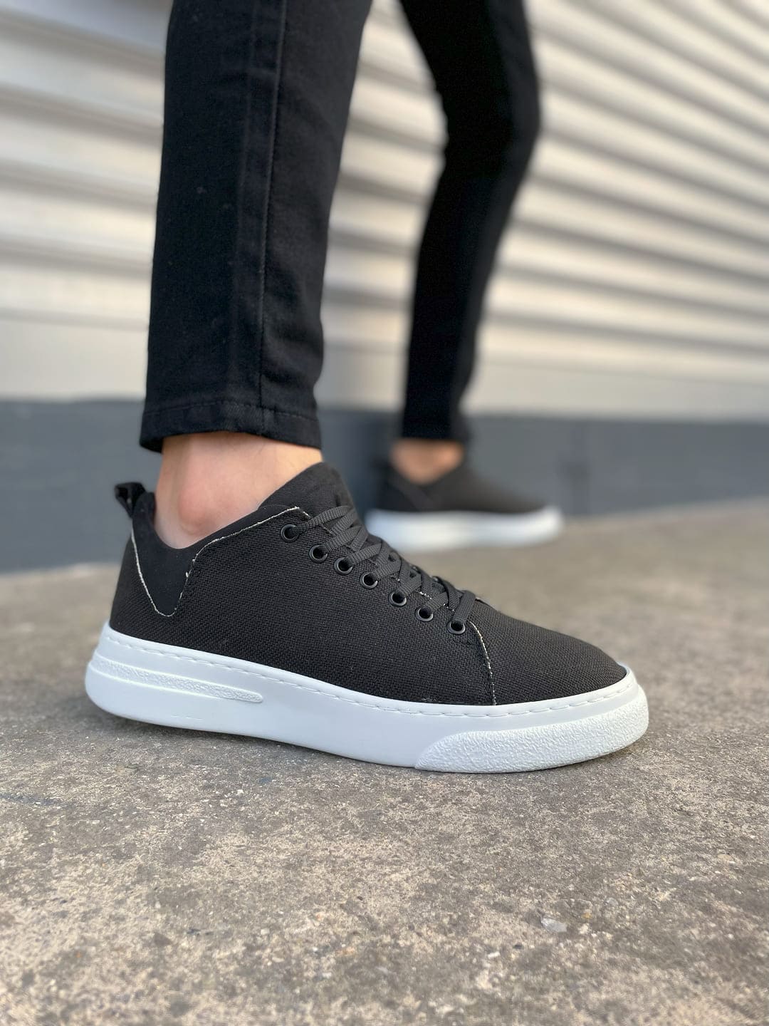 JY204 Flex Bağcıklı Keten Kumaş Erkek Günlük Sneaker Ayakkabı KBT - Siyah - 40