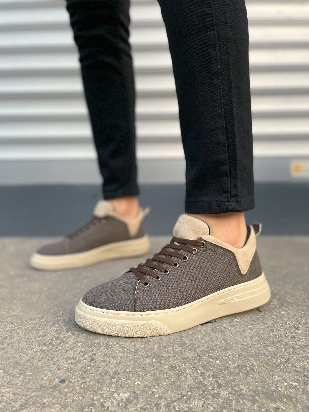 JY204 Flex Bağcıklı Keten Kumaş Erkek Günlük Sneaker Ayakkabı KKT - Kahverengi/Krem - 40 Resim 2