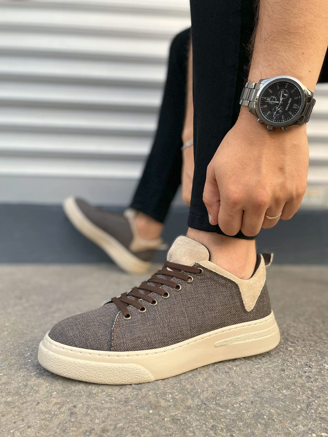 JY204 Flex Bağcıklı Keten Kumaş Erkek Günlük Sneaker Ayakkabı KKT - Kahverengi/Krem - 40 Resim 3