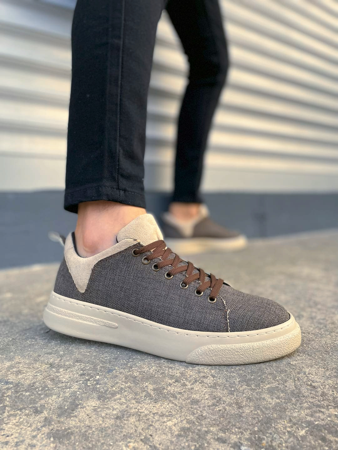 JY204 Flex Bağcıklı Keten Kumaş Erkek Günlük Sneaker Ayakkabı KKT - Kahverengi/Krem - 40