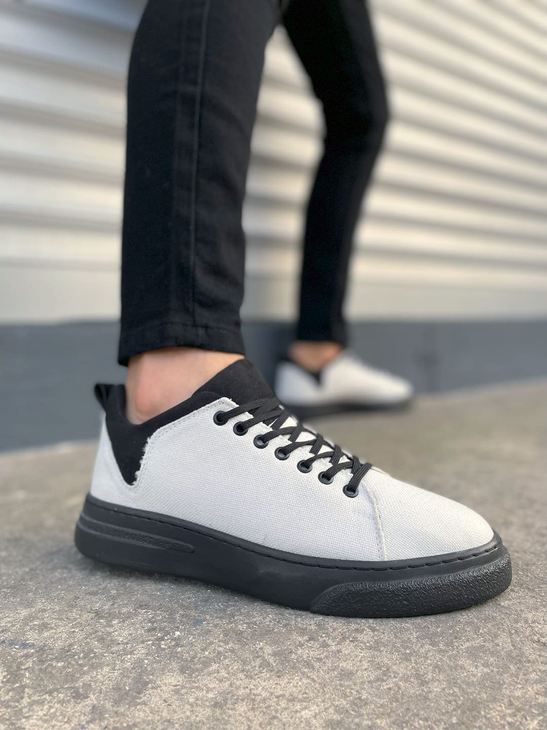 JY204 Flex Bağcıklı Keten Kumaş Erkek Günlük Sneaker Ayakkabı KST - Beyaz/Siyah - 41