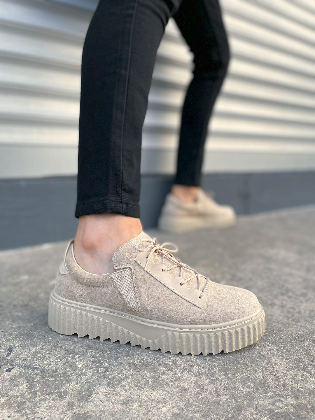 JY502 Bold Bağcıklı Süet Erkek Günlük Sneaker Ayakkabı SKT - Krem - 45