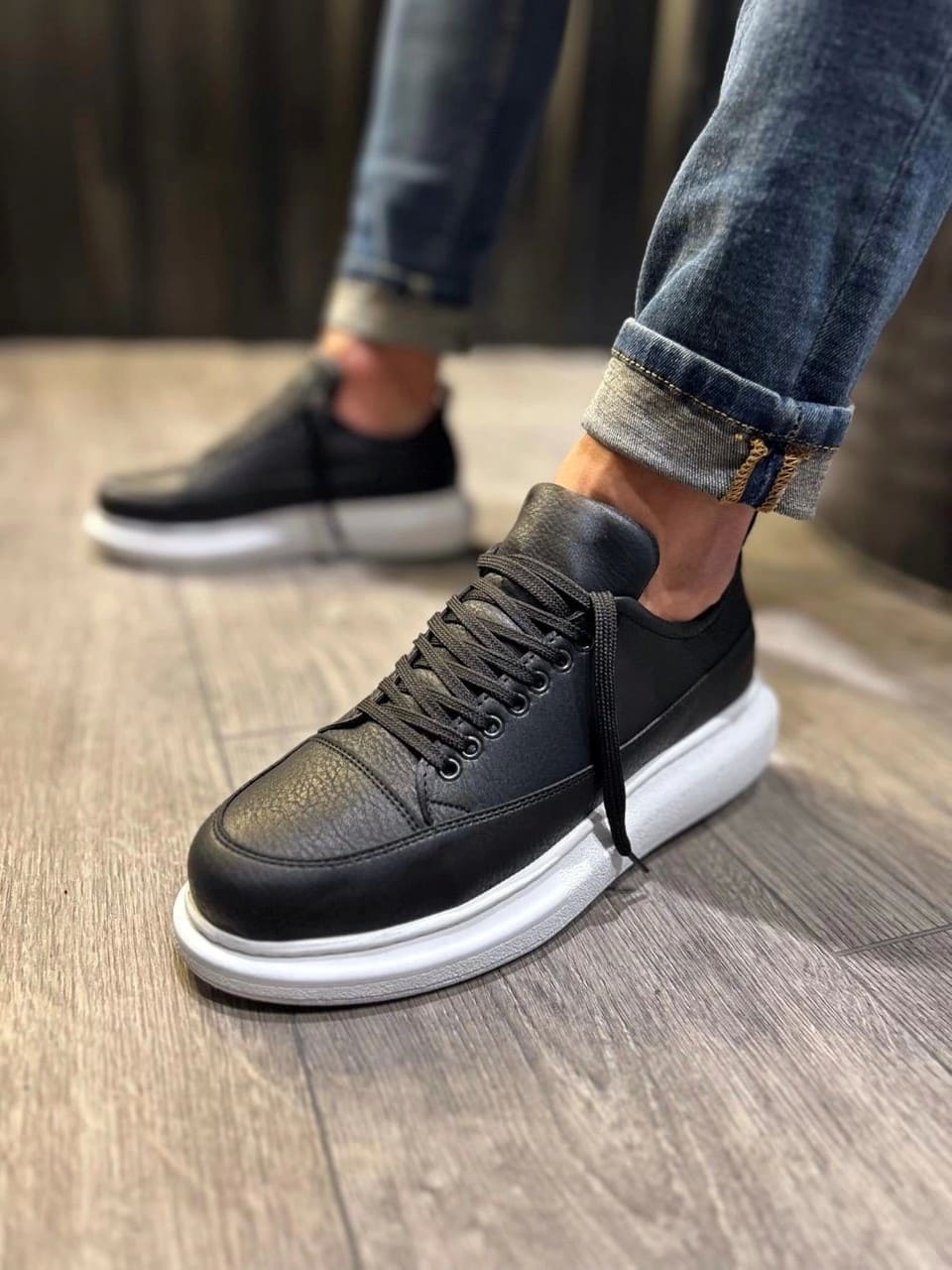 Joy Drake JY914 Bağcıklı Cilt Erkek Günlük Sneaker Ayakkabı Siyah