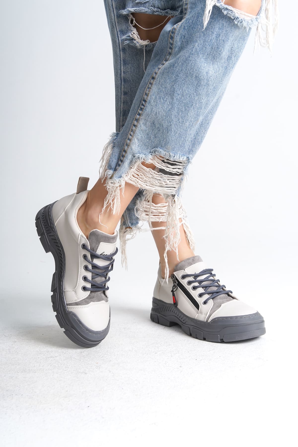 AGATHA Bağcıklı Fermuarlı Ortopedik Taban Kadın Sneaker Spor Ayakkabı CGT - Krem - 37 Resim 2