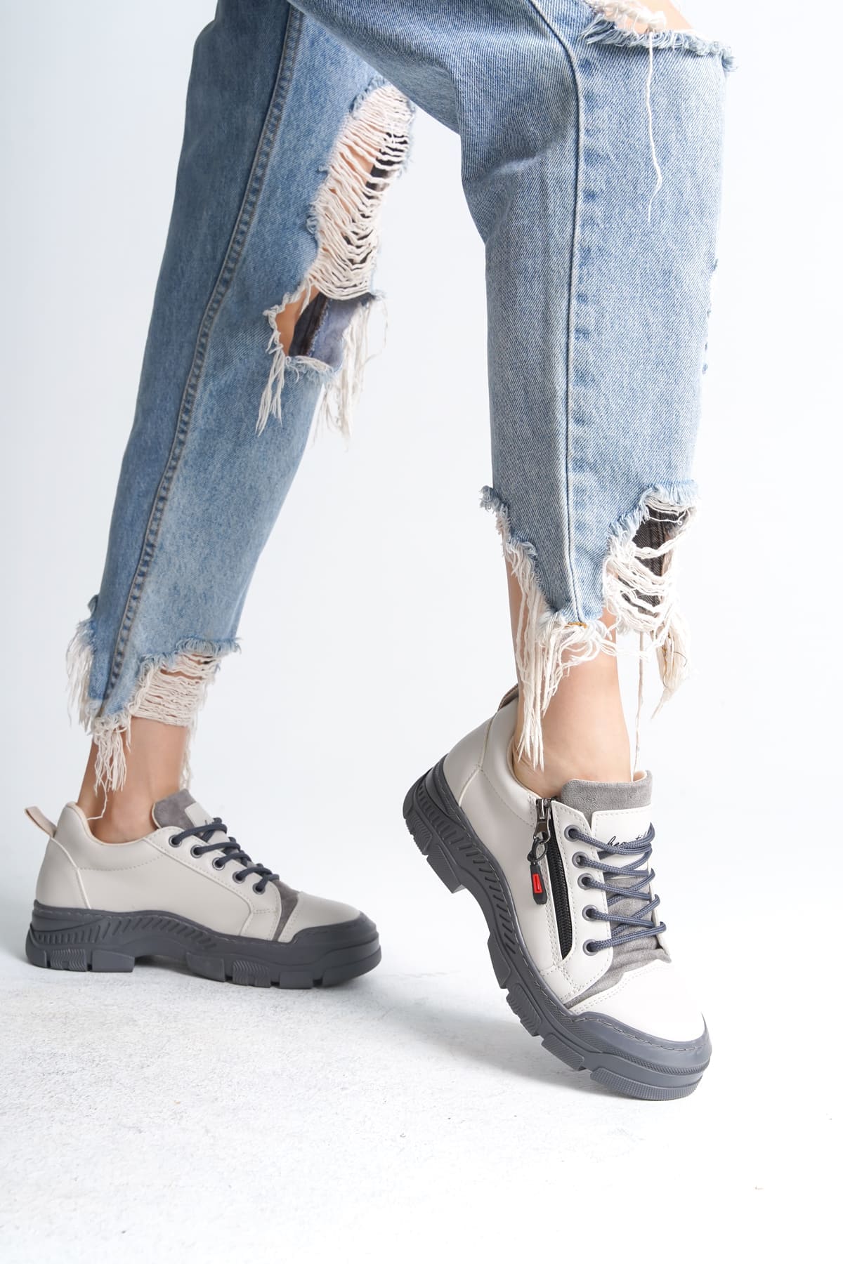 AGATHA Bağcıklı Fermuarlı Ortopedik Taban Kadın Sneaker Spor Ayakkabı CGT - Krem - 37 Resim 3