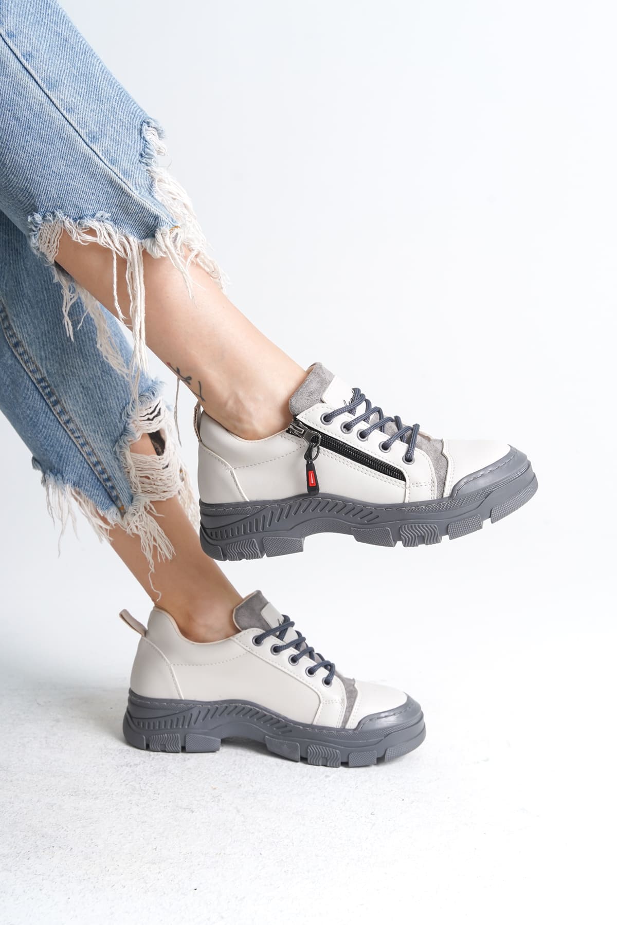 AGATHA Bağcıklı Fermuarlı Ortopedik Taban Kadın Sneaker Spor Ayakkabı CGT - Krem - 37 Resim 4