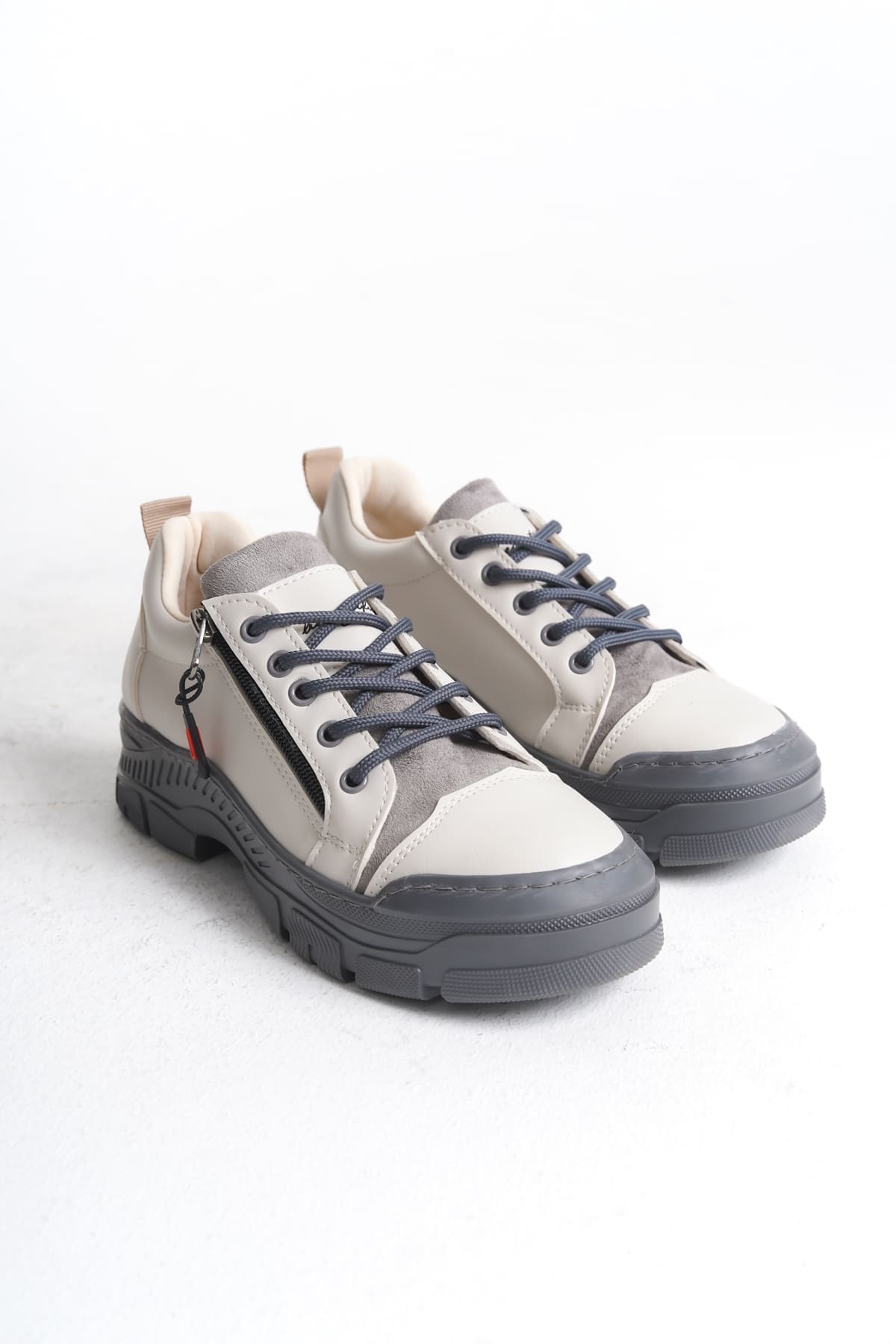 AGATHA Bağcıklı Fermuarlı Ortopedik Taban Kadın Sneaker Spor Ayakkabı CGT - Krem - 37 Resim 5