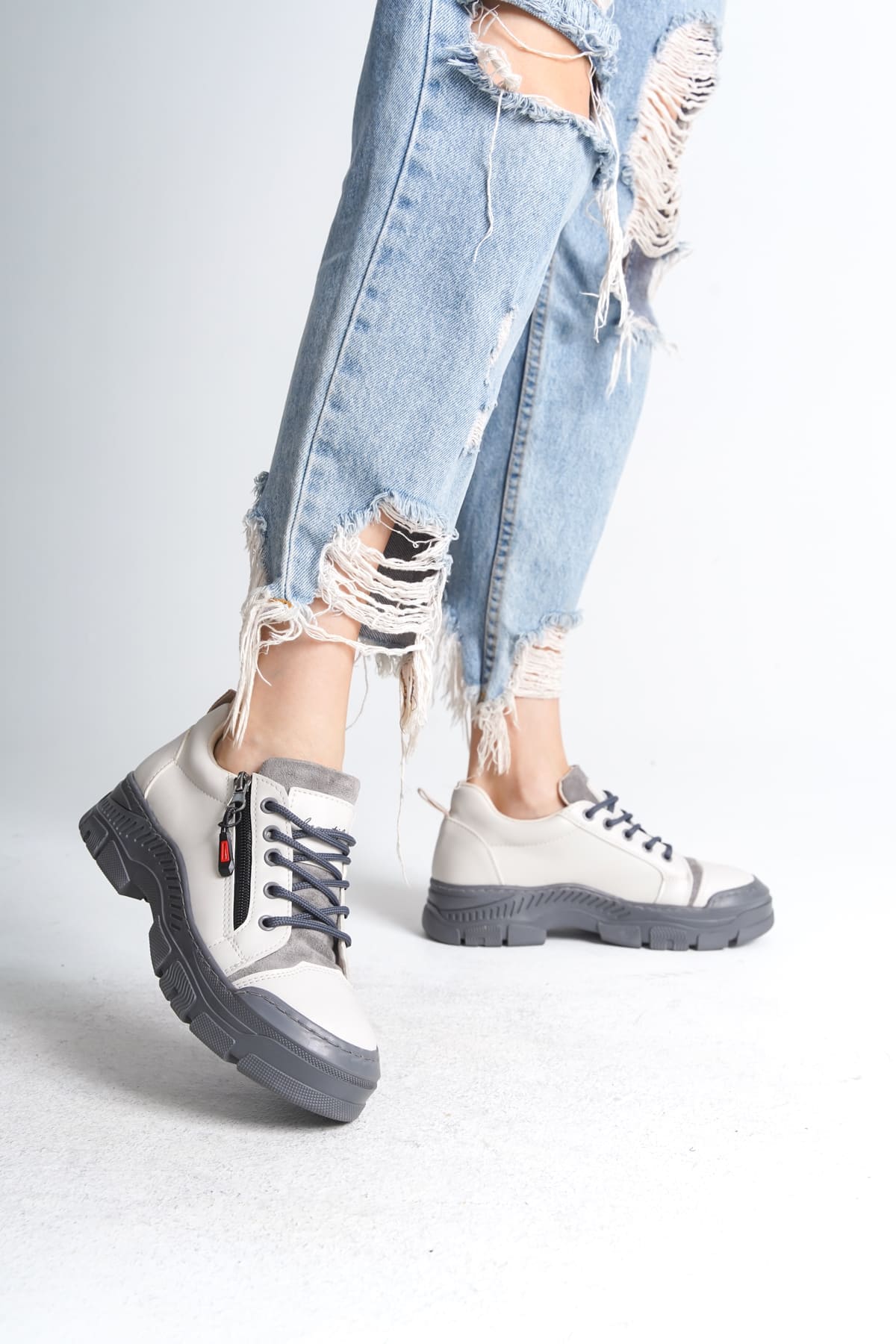 AGATHA Bağcıklı Fermuarlı Ortopedik Taban Kadın Sneaker Spor Ayakkabı CGT - Krem