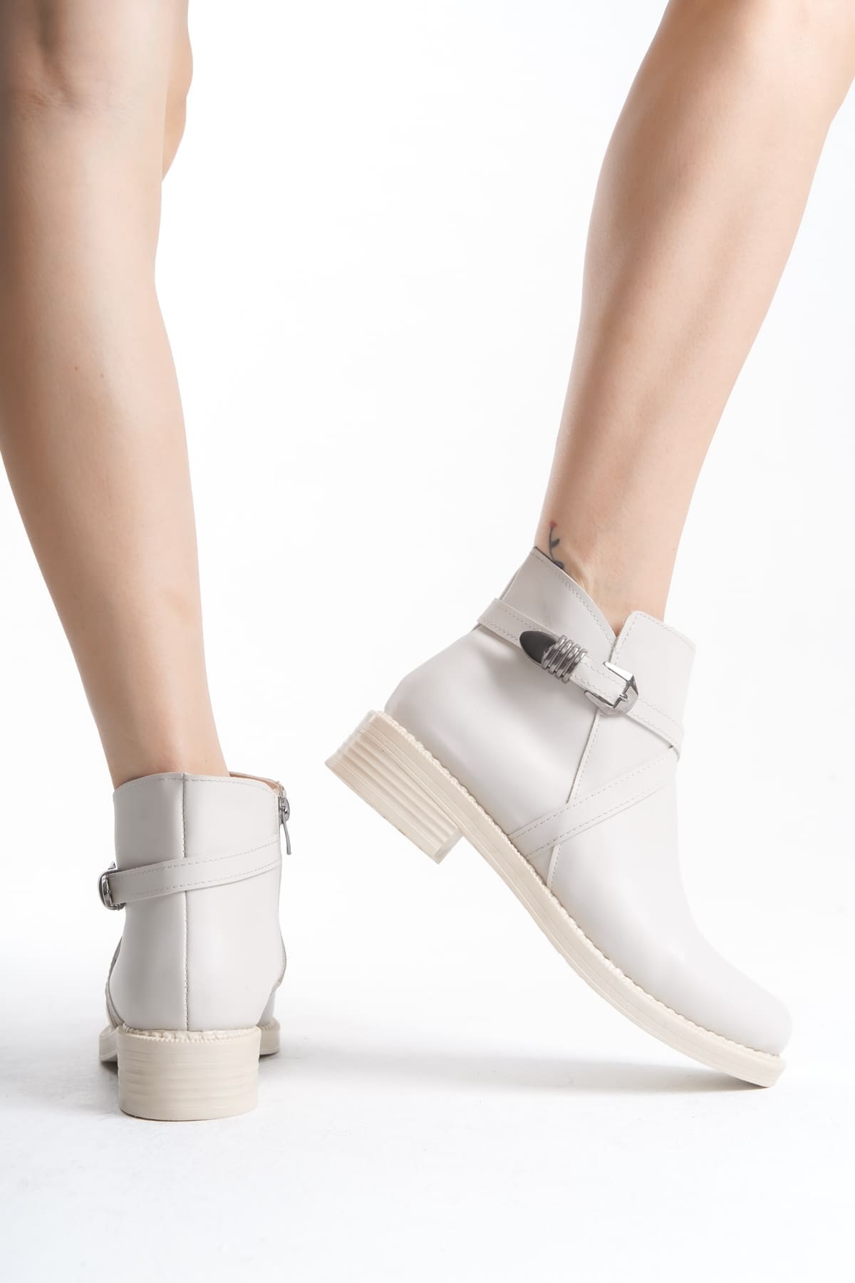 ALMILA Fermuarlı Lastikli Ortopedik Taban Topuklu Kadın Bot  CKT - Krem - 36 Resim 3