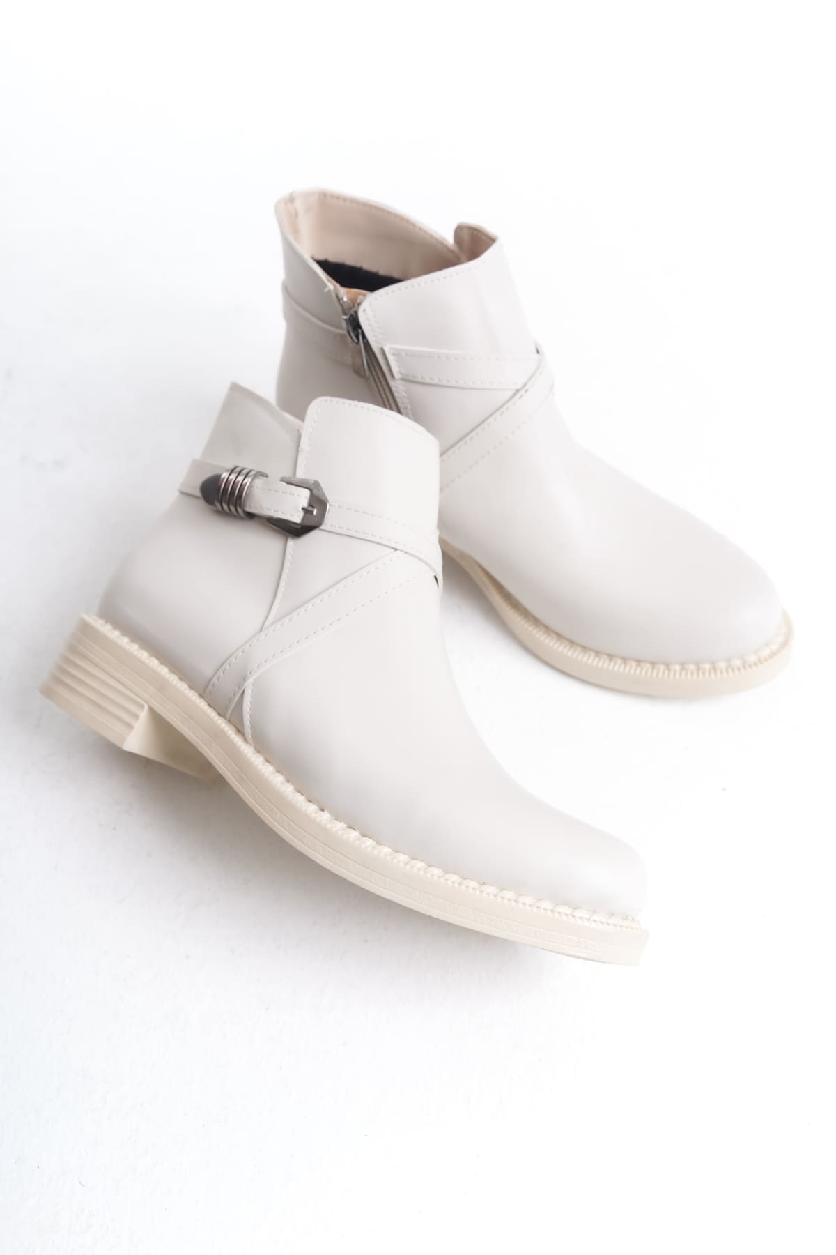 ALMILA Fermuarlı Lastikli Ortopedik Taban Topuklu Kadın Bot  CKT - Krem - 36 Resim 5